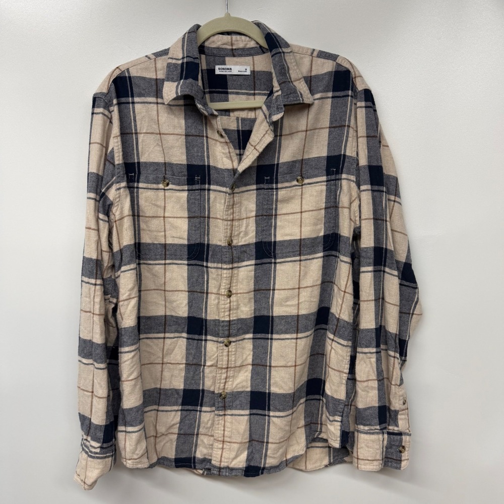 Sonoma Mens Flannel Shirt Plaid Long Sleeve Button Up Casual Navy Blue Khaki M